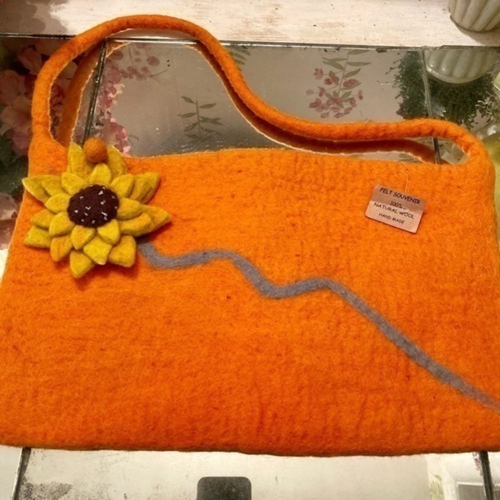 Handmade Felt Wool Bag - 16x10 orange /sunflower design.